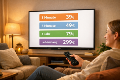 Hakuna TV Preise – Streaming Abonnement im Überblick: 3 Monate für 39€, 6 Monate für 49€, 1 Jahr für 79€ und lebenslanges Abonnement für 299€. Alle Pakete mit 22.000 Sendern und 120.000 Filmen in 4K-Qualität.